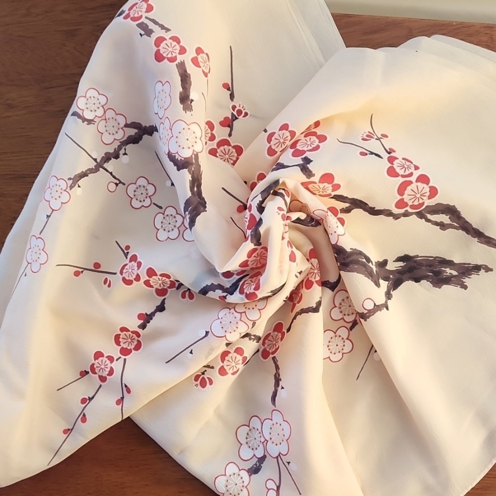 Scarf peach red brown cream, cherry blossom accents 41"x41"